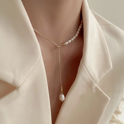 Collana A Forma Di Y Asimmetrica In Rame Con Pendente In Perla D Acqua Dolce Regolabile Elegante Retrò Francese