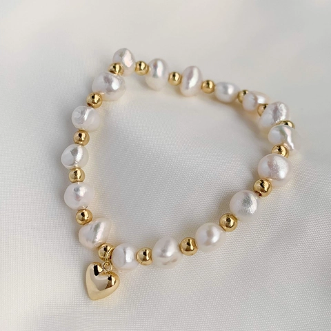 Barock Süßwasserperlen Armband Mit Vergoldetem Kupfer Herzanhänger Minimalistischer Eleganter Schmuck Für Damen