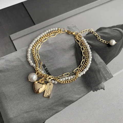 Multi-layer Bracelet Gold Plated Copper Imitation Artificial Pearl Heart Charm Vintage Style Jewelry For Women