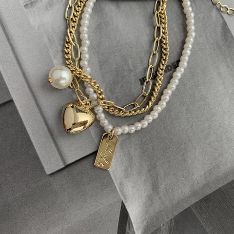 Multi-layer Bracelet Gold Plated Copper Imitation Artificial Pearl Heart Charm Vintage Style Jewelry For Women