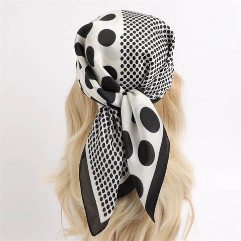 Elegant Polka Dot Floral Square Scarf Satin Satin Like Headband Neck Wrap For Women French Vintage Professional Accessory