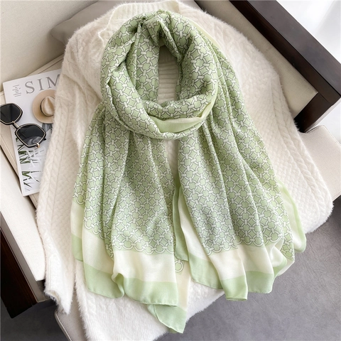 Elegant Women Long Scarf Shawl Cotton Linen Viscose Geometric Interlocking Chain Print Lightweight Breathable Sun Protection Chic Accessory