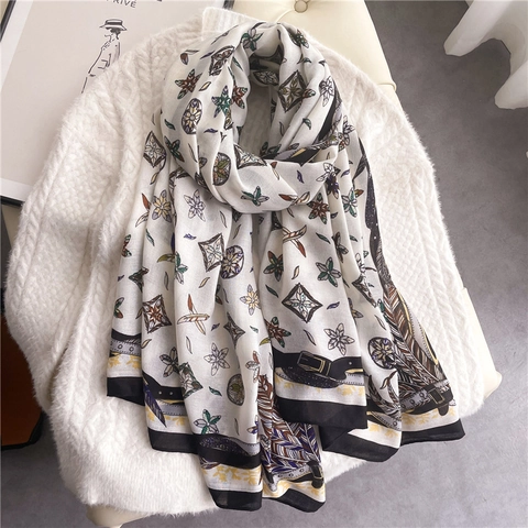 Elegant Women Scarf Shawl Large Cotton Linen Viscose Warm Floral Feather Print Vintage Fashion Accessory Wraps