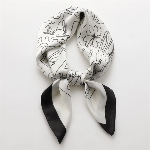Elegant Square Scarf Polyester Faux Satin Line Art Flower Print Versatile Neck Scarf Hair Wrap For Women Fashion Accessory