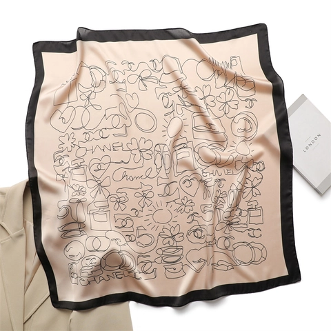 Elegant Square Scarf Polyester Faux Satin Line Art Flower Print Versatile Neck Scarf Hair Wrap For Women Fashion Accessory