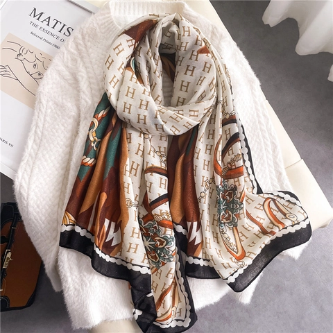 Luxe Viscose Sjaal Voor Vrouwen Mode H Monogram Paardenprint Omslagdoek Hippische Stijl Bedrukte Grote Pashmina Sjaals Dagelijkse Accessoires