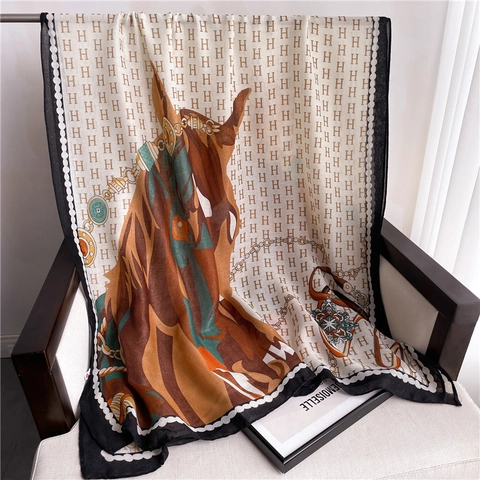 Luxe Viscose Sjaal Voor Vrouwen Mode H Monogram Paardenprint Omslagdoek Hippische Stijl Bedrukte Grote Pashmina Sjaals Dagelijkse Accessoires