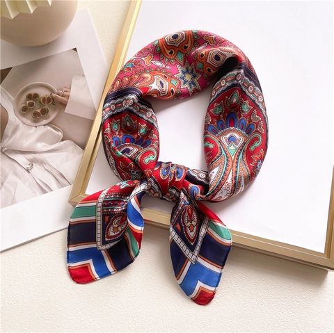 Vintage Paisley Print Square Scarf Satin-like Polyester Hair Wrap Neck Scarf Smooth Ethnic Style For Women
