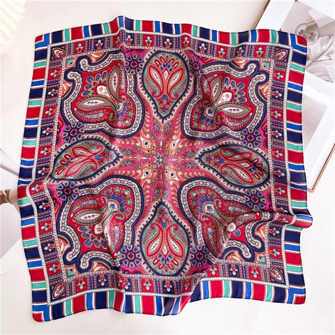 Vintage Paisley Print Square Scarf Satin-like Polyester Hair Wrap Neck Scarf Smooth Ethnic Style For Women