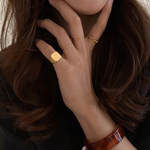 Minimalist Square Signet Ring For Women Adjustable Open Copper Finger Jewelry Real Gold Plated Ins Style Polished