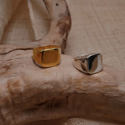 Minimalist Square Signet Ring For Women Adjustable Open Copper Finger Jewelry Real Gold Plated Ins Style Polished