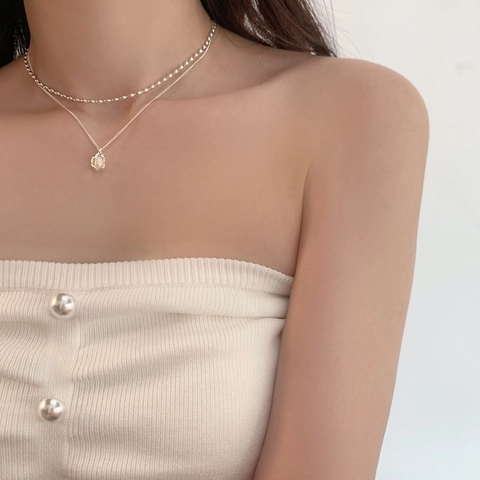 Collana Con Perle Naturali D'acqua Dolce Doppio Strato Rame Placcato Oro Catena A Sfere Pendente Barocco Geometrico Donna