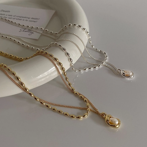 Collana Con Perle Naturali D'acqua Dolce Doppio Strato Rame Placcato Oro Catena A Sfere Pendente Barocco Geometrico Donna