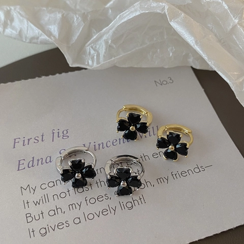 Elegant Black Four Leaf Clover Hoop Earrings Heart Shaped Petal Copper Gold Plated Jewelry For Women Girls