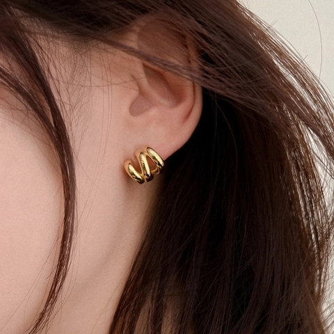 Triple Hoop Stud Earrings Copper Gold Plated Layered Geometric Spiral C Shape For Women With 925 Sterling Silver Earring Post