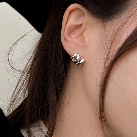 Triple Hoop Stud Earrings Copper Gold Plated Layered Geometric Spiral C Shape For Women With 925 Sterling Silver Earring Post
