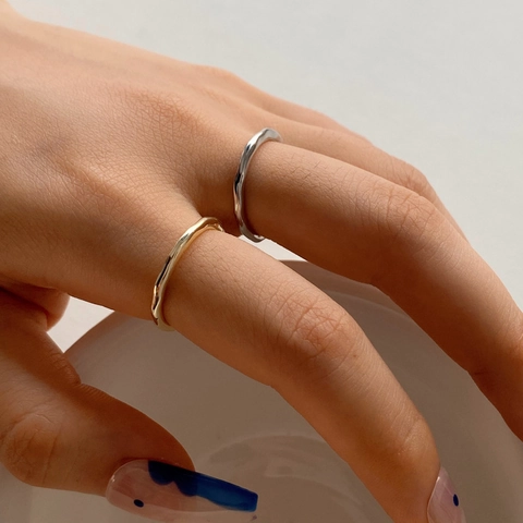 Anillo Abierto Ajustable De Cobre Minimalista Para Mujer Textura De Metal Líquido De Onda Irregular Joyería Elegante