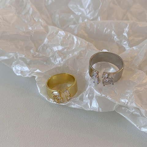 Wide Band Open Adjustable Ring Copper Gold Plated Geometric Zirconia Inlaid Minimalist Modern Jewelry For Women