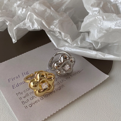 Bague Fleur Réglable Cuivre Plaqué Or Véritable Zircone Cubique Carrée Bijoux Fleur Pour Femme Minimaliste Élégant