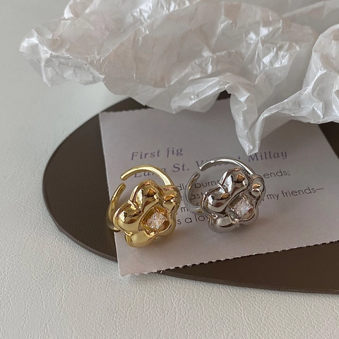 Bague Fleur Réglable Cuivre Plaqué Or Véritable Zircone Cubique Carrée Bijoux Fleur Pour Femme Minimaliste Élégant