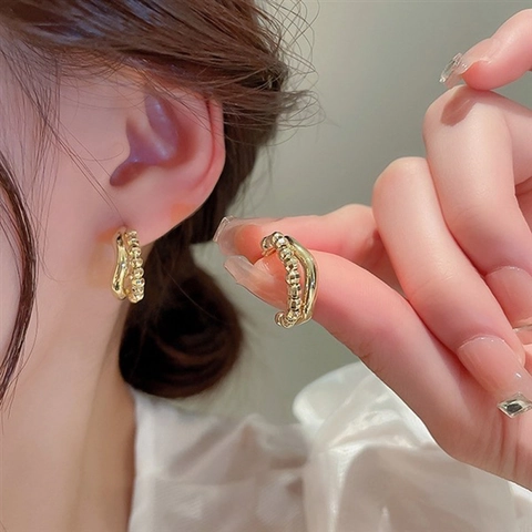 Irregular Geometric C Shaped Hoop Earrings With Silver Earring Post Double Layer Beaded Gold Plated Jewelry For Women
