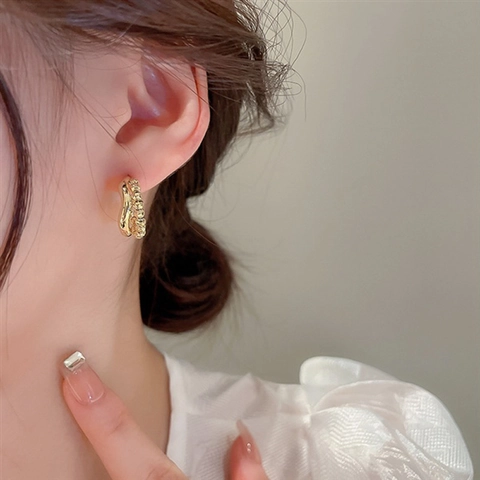 Irregular Geometric C Shaped Hoop Earrings With Silver Earring Post Double Layer Beaded Gold Plated Jewelry For Women