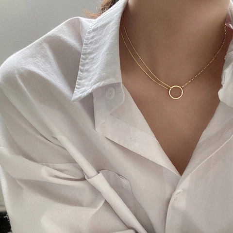 Minimalist Circle Pendant Spliced Chain Necklace Gold Plated Copper Geometric Jewelry For Women Elegant Simple Style