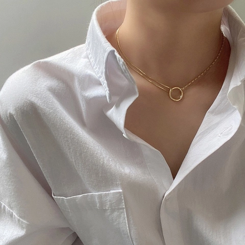 Minimalist Circle Pendant Spliced Chain Necklace Gold Plated Copper Geometric Jewelry For Women Elegant Simple Style