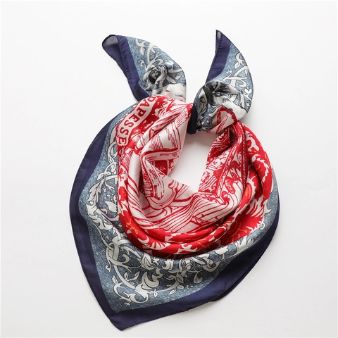 Vintage Floral Print Square Scarf Satin Like Satin Neck Kerchief Retro French Baroque Style Head Wrap For Women