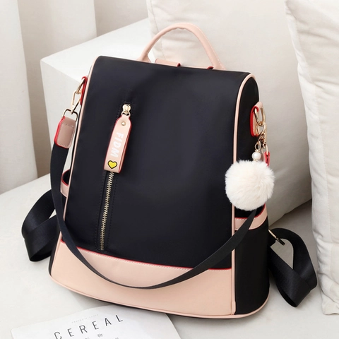 Mochila Moda Mujer Gran Capacidad Impermeable Tela Oxford Bloque De Color Antirrobo Mochila De Viaje Con Pompón