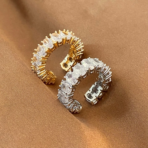 Open Adjustable Ring Copper Gold Silver Plated Oval Cubic Zirconia Sparkly Elegant Jewelry For Women