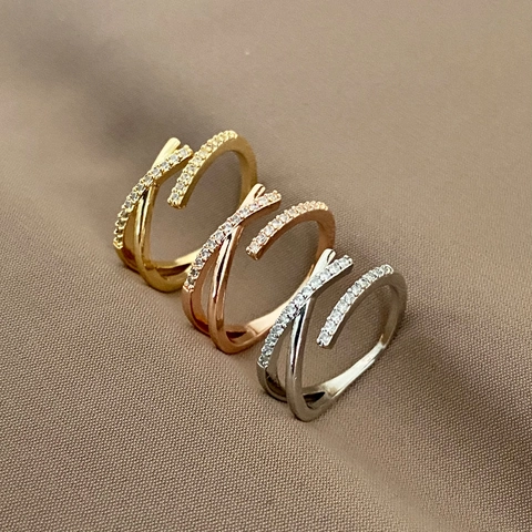 Crossover X Ring Copper Micro Pave Zircon Adjustable Open Finger Jewelry For Women Elegant Simple Style