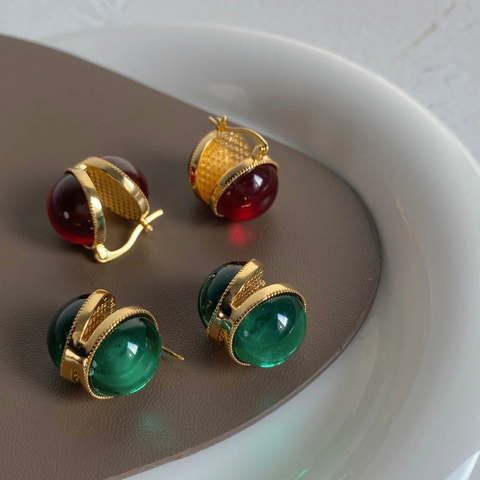 Vintage Emerald Green Ruby Red Round Dome Earrings Women Retro Double Sided Glaze Ear Studs Copper Plated 18K Gold