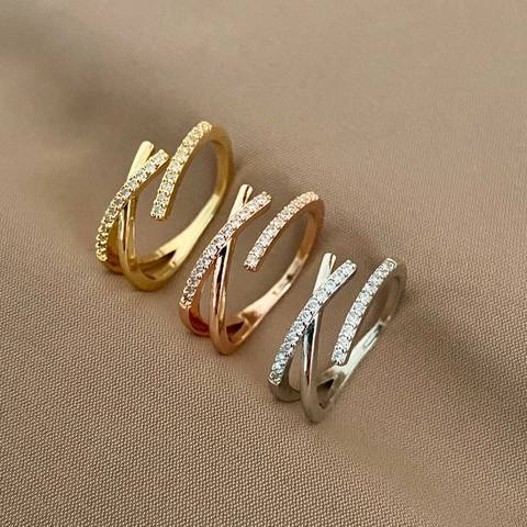 Crossover X Ring Copper Micro Pave Zircon Adjustable Open Finger Jewelry For Women Elegant Simple Style