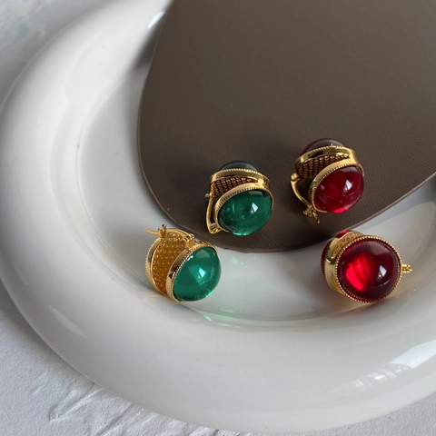 Vintage Emerald Green Ruby Red Round Dome Earrings Women Retro Double Sided Glaze Ear Studs Copper Plated 18K Gold