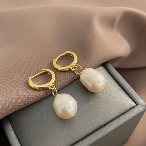 Franse Vintage Zoetwaterparel Hanger Hoop Oorbellen Koper Echt Verguld Elegante Luxe Sieraden Voor Vrouwen
