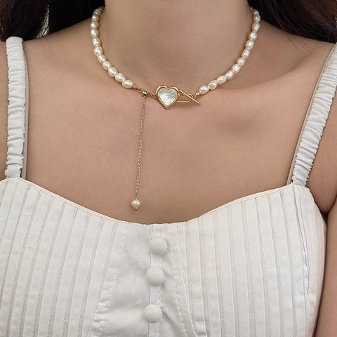 Freshwater Pearl Necklace With Heart Shell Pendant Copper Gold Plated Toggle Clasp Tassel Elegant Clavicle Chain Women