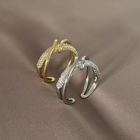 Cross Wrapped Micro Set Zircon Copper Ring For Women Adjustable Open Finger Jewelry Simple Chic Style Gold Silver Color