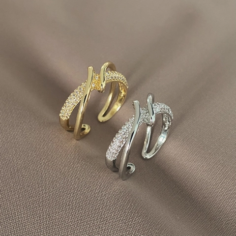 Cross Wrapped Micro Set Zircon Copper Ring For Women Adjustable Open Finger Jewelry Simple Chic Style Gold Silver Color
