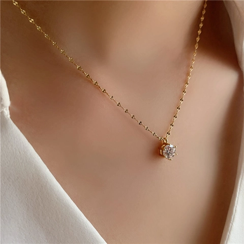Collier À Pendentif Pierre Unique Minimaliste Cuivre Zircon Coupe Ronde Élégante Chaîne Fine Pour Femme
