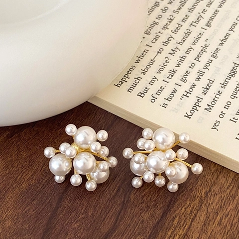 Elegant Firework Cluster Stud Earrings Multi Size Simulated Artificial Pearls Copper Plated Gold Unique Fashion For Women