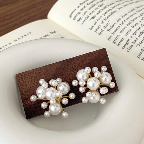 Elegant Firework Cluster Stud Earrings Multi Size Simulated Artificial Pearls Copper Plated Gold Unique Fashion For Women