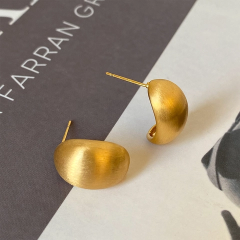 Geometric Brushed Matte Bean Curved Stud Earrings Copper Plated Gold With 925 Sterling Silver Earring Post For Women