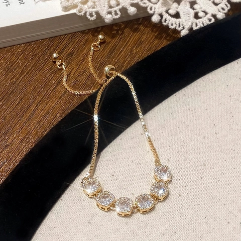 Zirkoon Armband Koper Verguld Verstelbare Bolo Minimalistische Luxe Halo Zirconia Elegante Sieraden Voor Vrouwen