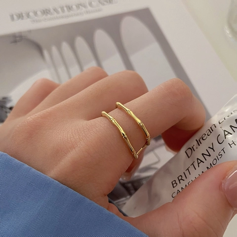 Anillo Ajustable De Capas Con Textura De Bambú Cobre Chapado En Oro Joyas Minimalistas Para Mujeres