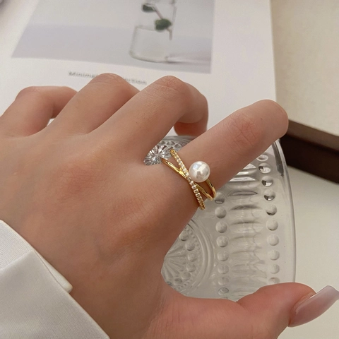 Shell Artificial Pearl Cross Ring For Women Copper Cubic Zirconia Multi Layer Adjustable Open Finger Jewelry Minimalist Style