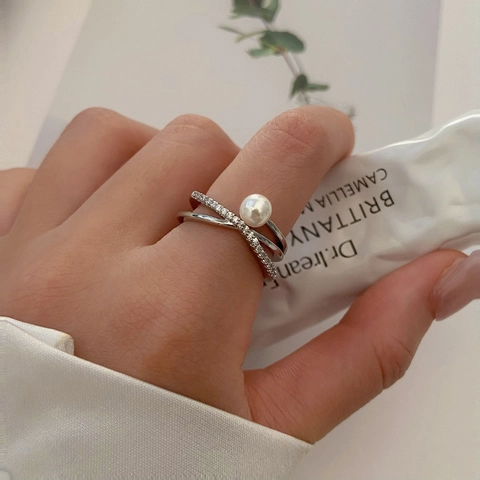 Shell Artificial Pearl Cross Ring For Women Copper Cubic Zirconia Multi Layer Adjustable Open Finger Jewelry Minimalist Style