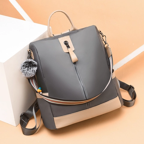 Damen Mode Oxford Gewebe Rucksack Wasserdicht Große Kapazität Multifunktional Reise Tasche Mit Bommel Gestreifter Gurt
