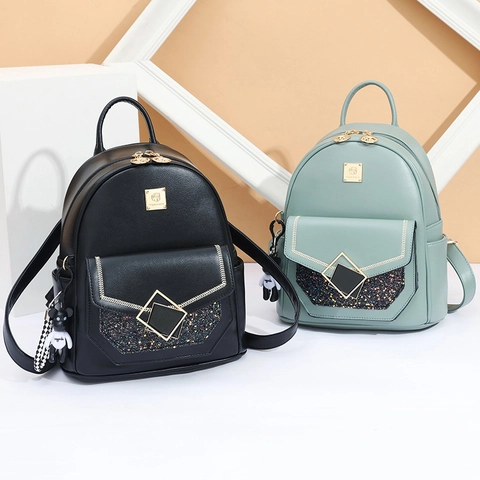 Damen Mode PU Leder Rucksack Große Kapazität Wasserdichte Umhängetasche Mit Pailletten Bärenanhänger Für Reise Schule