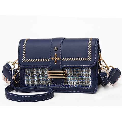 Women Shoulder Crossbody Bag PU Leather Tweed Patchwork Embroidery Wide Strap Small Square Handbag Retro Style